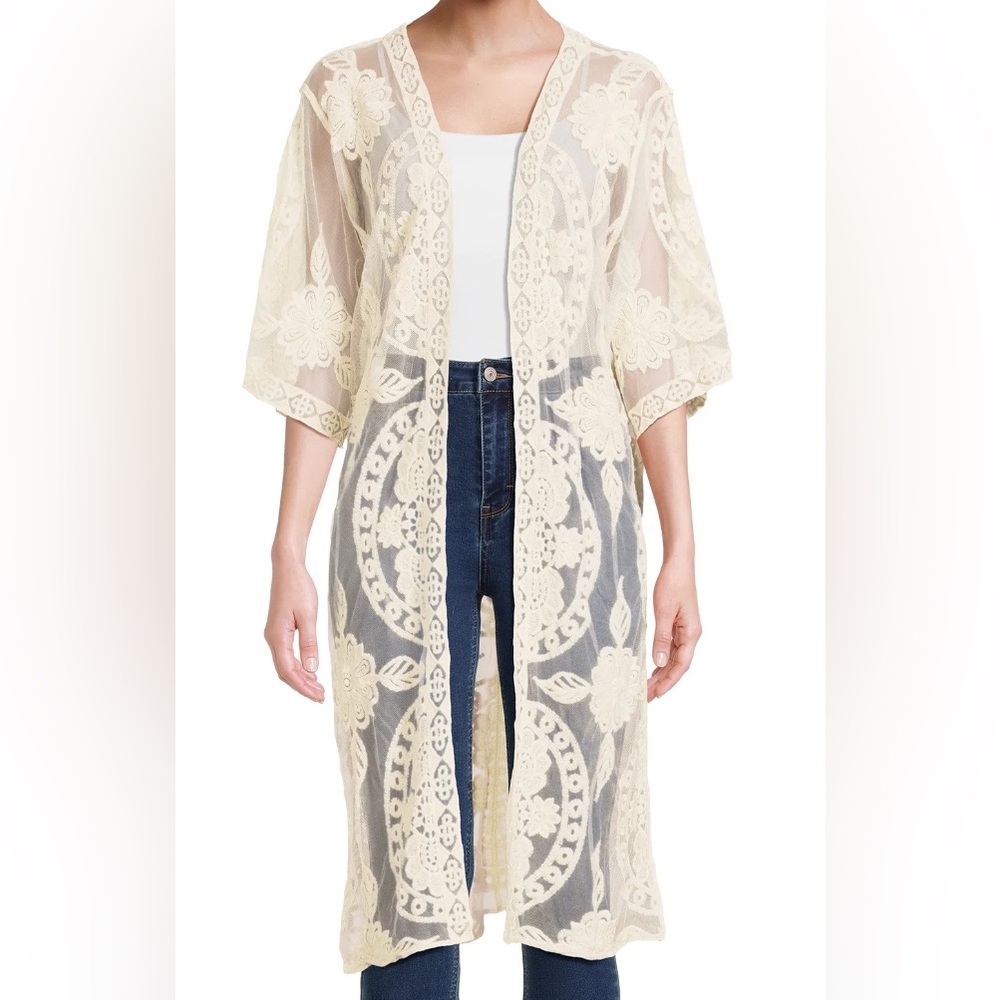 #2002 - Ivory Medallion Floral Leaf Lace Kimono Open Front Cardigan Sheer Cotton